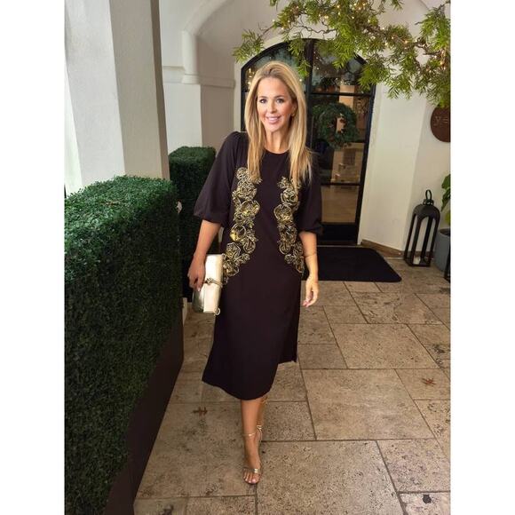 Mestiza Luzon Embellished Midi Dress in Gold Black M - Picture 2 of 3